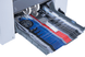 Outfeed stacking belt and rollers automatically adjust to paper size