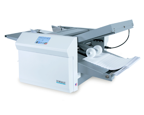 Telescoping outfeed stacker in closed position for small spaces, can be extended to hold up to 500 folded sheets